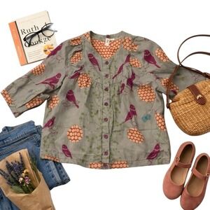 Trinity Anthropologie Linen Bird Print Button Front Blouse Medium Whimsical Top